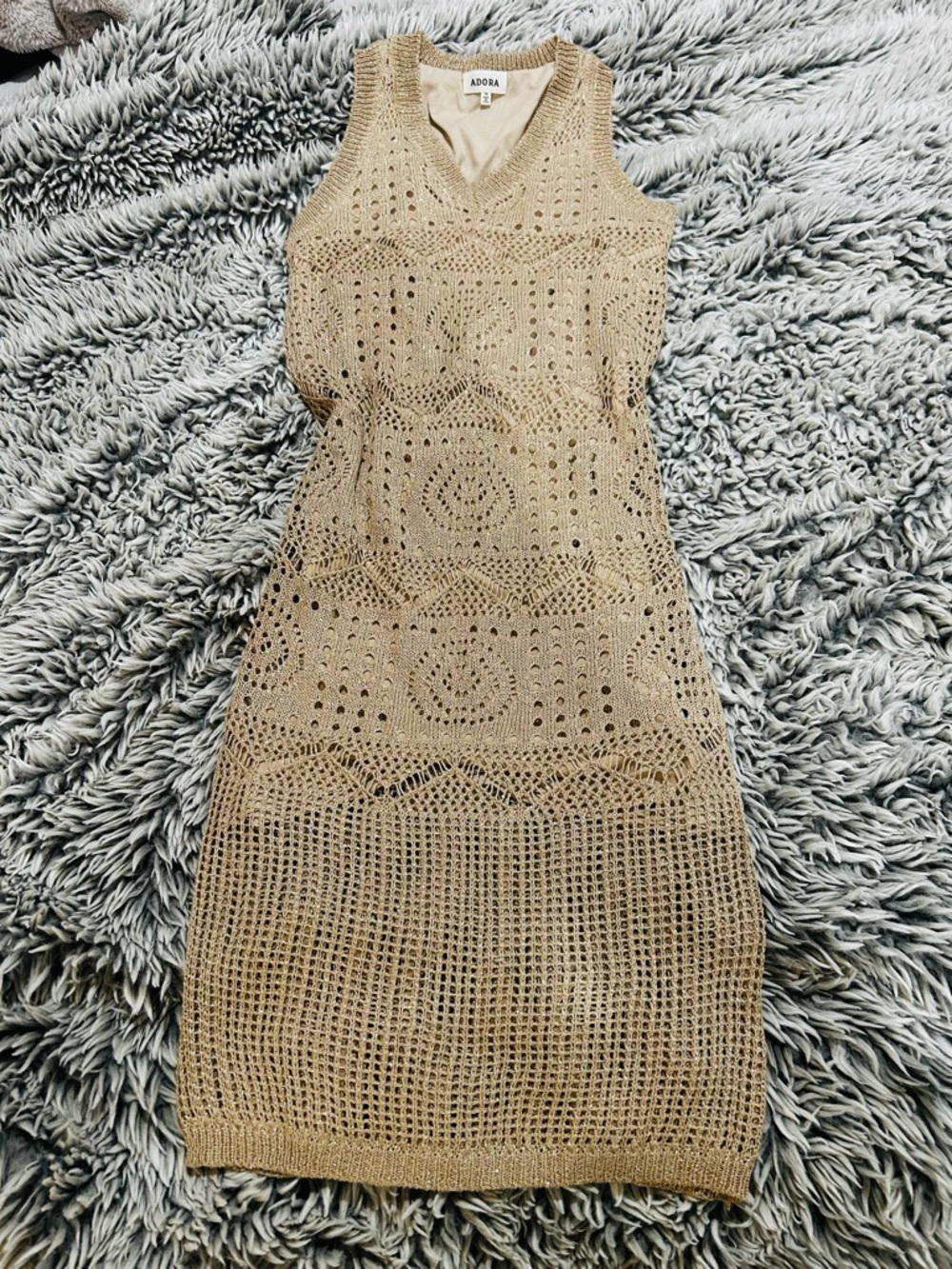 ADORA Knit V-Neck Crochet Top in Beige with Metallic Accent